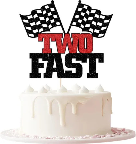 Decoración para pastel de dos velocidades: decoración de pastel con purpurina para fiesta de 2º cumpleaños, bandera a cuadros de coche de carreras,
