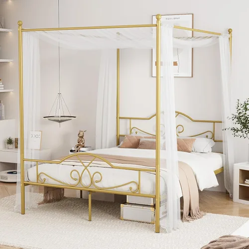 Miniatura 11 de Weehom - Estructura de cama con dosel individual, con cabecero y pie de cama, cortinas de cuatro postes de metal, diseño de plataforma de cama