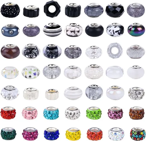 Miniatura 3 de Aipridy Surtido de cuentas europeas de agujeros grandes, cuentas espaciadoras de diamantes de imitación para manualidades, dijes, pulseras y Negro