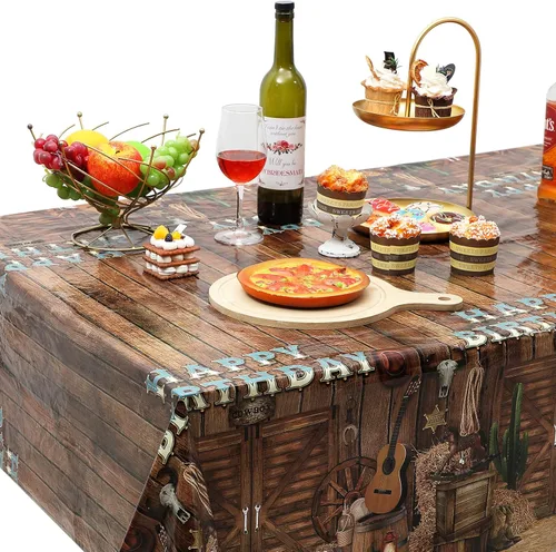 Miniatura 6 de BBTO 3 manteles occidentales para decoración de fiesta de cumpleaños, mantel de feliz cumpleaños del oeste, mantel de plástico occidental