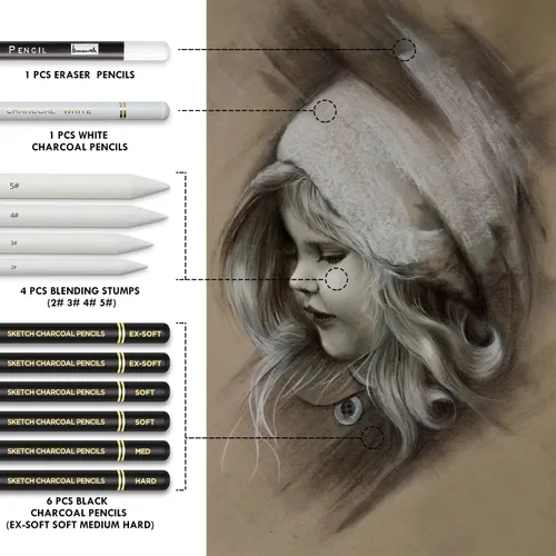 Miniatura 3 de Set de Dibujo de Carbón Brusarth - 12 piezas de lápices de carbón negro, lápices de carbón blanco, lápices borradores, mondadientes para dibujar