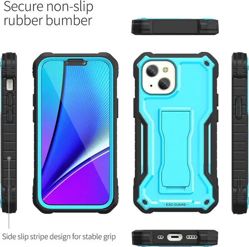Miniatura 4 de ExoGuard Compatible con iPhone 13 Mini, funda de goma a prueba de golpes de cuerpo completo con protector de pantalla de vidrio templado, soporte