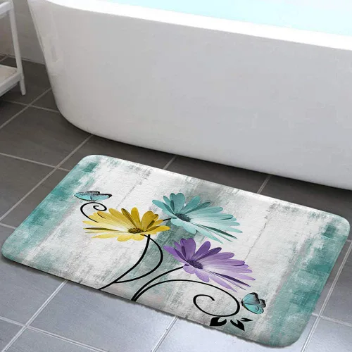 Miniatura 7 de Alfombra de Baño Rústica de Granja, Alfombra de Baño de Madera de Campo con Flores de Margaritas Moradas, Mariposas y Estilo Campestre, Alfombra