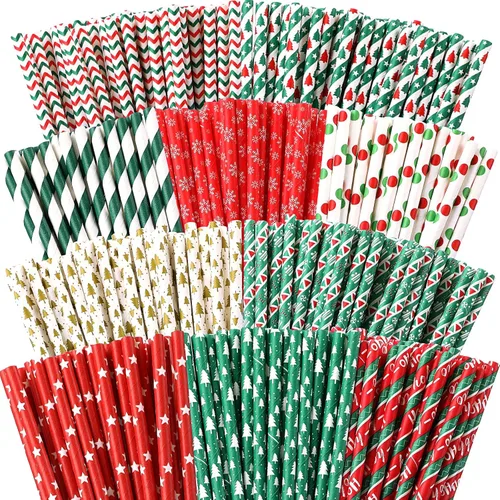 Miniatura 8 de 500 pajitas de papel de Navidad, 8 estilos, desechables, rojo y verde, rayas cheurón, bicolor, rayas, lunares, mezcla de pajitas para suministros