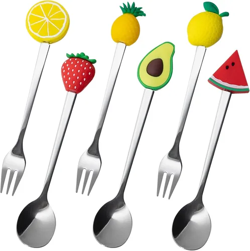 Cucharas y tenedores pequeños de acero inoxidable y silicona, juego de 6 piezas, formas de frutas para frutas, queso, aperitivos Fruitilicious