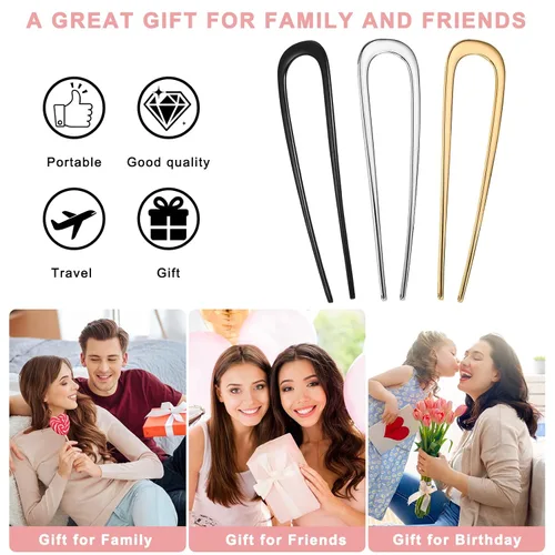 Miniatura 5 de YONOY 3 pinzas de metal para el cabello francés, en forma de U, 2 puntas para moños, horquilla de cabello con torsión francesa, palos