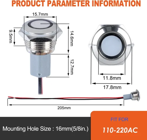 Miniatura 2 de 2 piezas de luz indicadora de metal de 16 mm, 110-220 V CA, 20 mA, impermeable IP67, lámpara piloto LED de cabeza plana con orificio de montaje