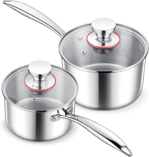 E-far Juego de cacerolas de acero inoxidable, 1 cuarto y 2 cuartos de galón, olla triple con tapa para cocinar pasta, calentar leche hirviendo agua,