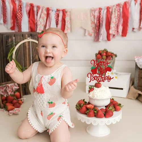Miniatura 7 de 1 pieza de decoración para pastel de tercer cumpleaños con temática de fresa, flor brillante con temática de frutas dulces, decoración de pastel