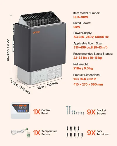 Miniatura 7 de VEVOR - Calefactor de sauna, estufa eléctrica de 9 kW, 220 V, calefactor de baño de vapor con controlador digital externo, temporizador de 3 h