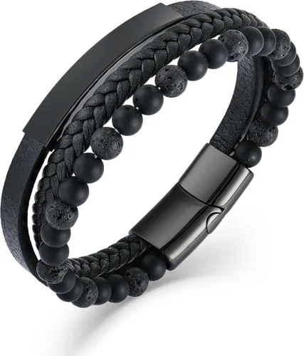 Pulsera de cuentas de piedra volcánica de piedra volcánica de ónix negro y ojo de tigre mate para hombre, pulsera de cuero trenzado negro para hombre