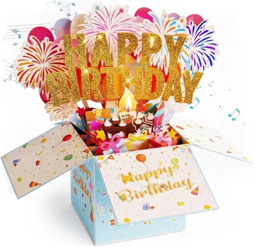 Miniatura 9 de Tarjetas de cumpleaños número 26 con luces, música y velas, tarjetas de felicitación de feliz cumpleaños emergentes en 3D para niñas y amigos de 26