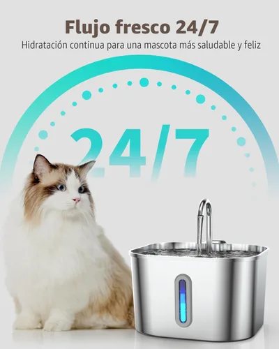 Miniatura 4 de Fuente de agua para gatos de acero inoxidable, fuente para gatos de 74 oz/2.2 L con bomba silenciosa, dispensador automático de agua para mascotas