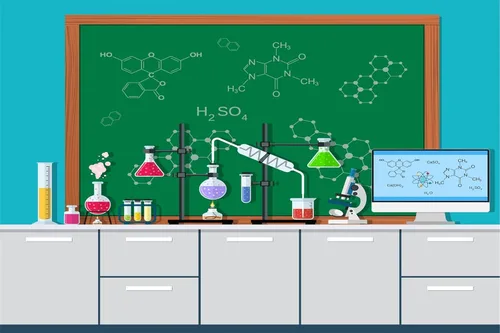 BELECO Telón de fondo de laboratorio de ciencias, 5 x 3 pies, tela de dibujos animados, química, equipo de laboratorio, fondo de pizarra, ciencia