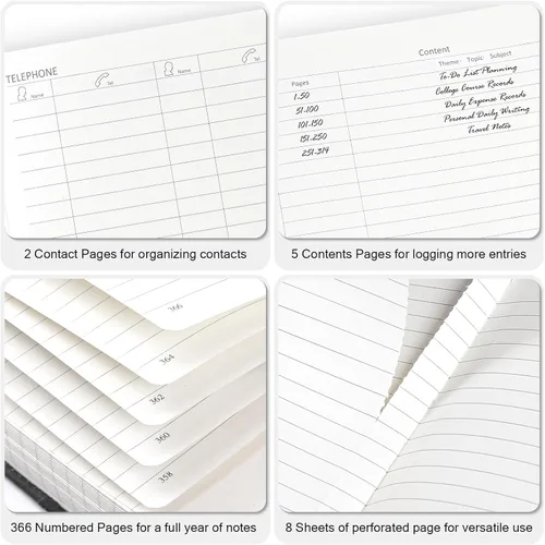 Miniatura 5 de Cuaderno Diario Rayado para Hombres y Mujeres, Cuaderno de 365 Páginas Numeradas con Rayado Universitario, Diario de Cuero de Tapa Dura con Negro