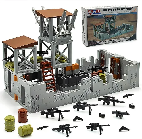 Conjunto de bloques de construcción de base militar ZHX para accesorios de guerra de minifiguras del ejército, torre de guardia de base de defensa,