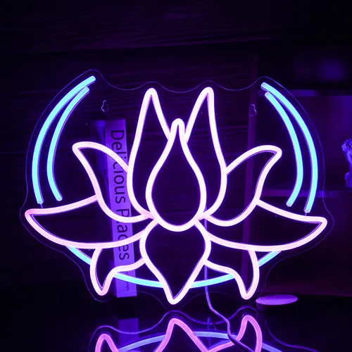 Miniatura 5 de Letrero de neón con diseño de flor de loto y luna, regulable, luz de neón azul para decoración de pared, alimentación USB, loto morado, letrero