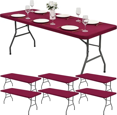 Miniatura 23 de Paquete de 6 fundas de tela elástica para mesa, color beige, para mesas de 8 pies, protector de mantel rectangular universal lavable y elástico