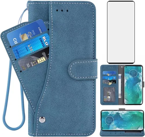Asuwish Funda compatible con Moto Edge Plus 2020 y protector de pantalla de vidrio templado, soporte para tarjetas de crédito, accesorios celulares,