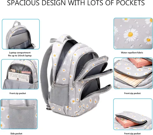 Miniatura 4 de goldwheat Mochilas impresas margaritas con paquete de almuerzo, estuche de lápices 3pcs, bolsa ligera resistente al agua para la escuela secundaria