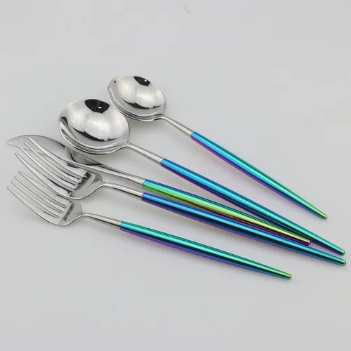 Miniatura 5 de Juego de cubiertos Coloful Rainbow Handle Silver de 5 piezas, espejo de acero inoxidable 18/10, servicio para 1 plateado