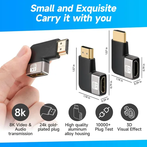 Miniatura 3 de Adaptador HDMI Plano de 8K de 90 Grados y 270 Grados Chapado en Oro Paquete de 2, Adaptador Plano Vertical HDMI Macho a Hembra en Ángulo Recto