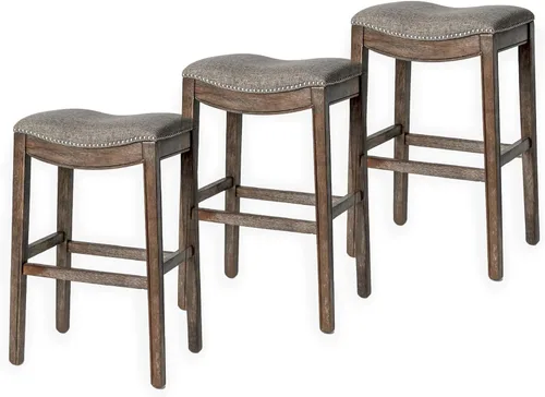 Miniatura 35 de Maven Lane Adrien Taburete de bar sin espalda, asiento de silla de montar de 31 pulgadas con reposapiés, marco de madera maciza gris y tapicería