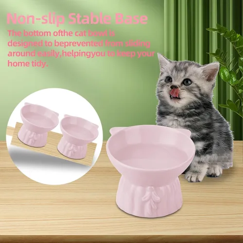 Miniatura 5 de Paquete de 2 cuencos elevados para gatos, platos elevados de cerámica para alimentos y agua para gatos, diseño extra ancho y poco profundo, Rosa