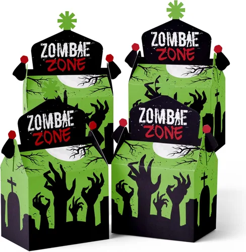 Big Dot of Happiness Zombie Zone - Caja de golosinas para fiestas - Halloween o cumpleaños Zombie Crawl Party Goodie Gable Boxes - Juego de 12