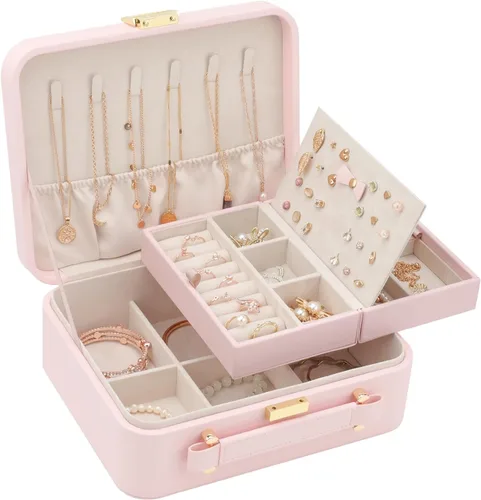 Miniatura 2 de Organizador de viaje grande para joyas, joyero de viaje grande con bandeja de joyería extraíble, cajas de joyería de 2 capas para mujer, rosa