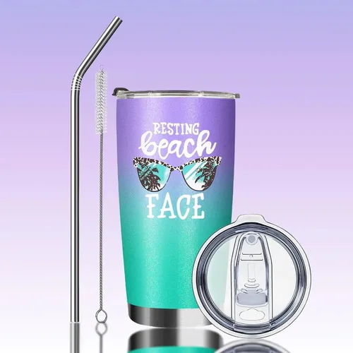 ATHAND Vasos aislados de 20 onzas con tapa y pajilla, cara de playa en reposo, doble pared, acero inoxidable al vacío, para café, vino, taza