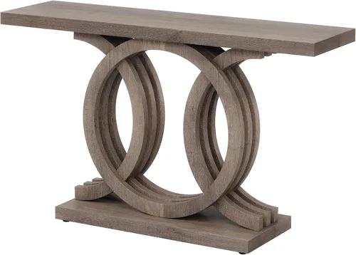 Miniatura 9 de Tribesigns Mesa consola de 55 pulgadas con base de madera geométrica, mesa de entrada moderna con mesa gruesa para sala de estar, pasillo, Marrón