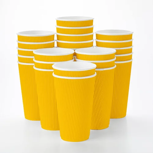 Restaurantware 16 onzas Tazas de papel desechables con pared ondulada, 500 vasos de papel amarillo aislados con diseño de borde enrollado, tapas