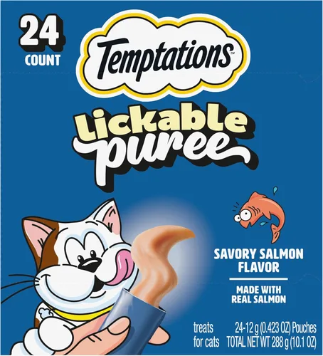 Miniatura 30 de Temptations Creamy Puree - Golosinas húmedas exprimibles para lamer para gatos con salmón, tubos de 0.42 onzas, 16