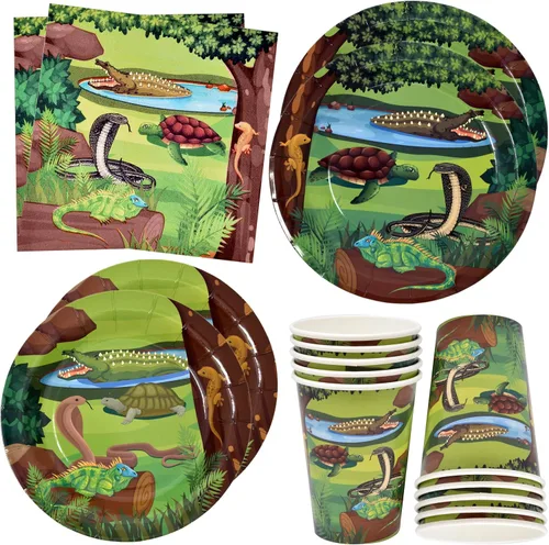 Set de suministros para fiestas de serpiente de lagarto de reptil, 24 platos de papel de 24 platos de 24 7 pulgadas, 24 tazas de 9 onzas y 50