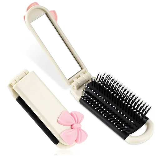 Miniatura 9 de Cepillo de pelo portátil de viaje, pequeño cepillo plegable compacto con espejo y punta redonda, cerdas de nailon para mujeres y hombres, mini peine