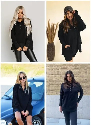 Miniatura 4 de SHEWIN Sudadera de gran tamaño para mujer, casual, con botones, cuello en V, con bolsillo
