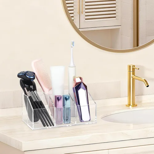 Miniatura 6 de Organizador de brochas de maquillaje transparente de acrílico con 6 ranuras para cosméticos, organizador de almacenamiento para encimera de tocador