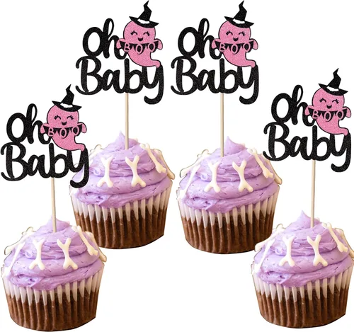 Miniatura 22 de Paquete de 24 adornos para cupcakes de Halloween con purpurina rosa, fantasma, pequeño abucheo, murciélago, bruja, gato, calabaza, magdalena