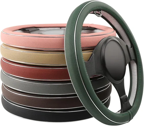 Miniatura 3 de ALEMODR Funda de cuero verde para volante con tira de fibra, funda universal para volante de coche de 38 cm