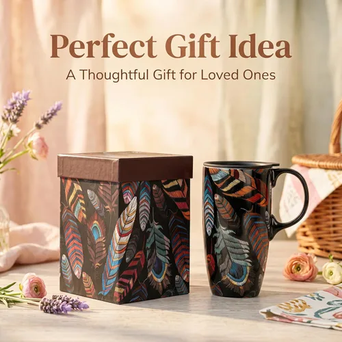 Miniatura 4 de Topadorn - Taza de viaje de cerámica de 17 onzas con tapa, taza de café de plumas boho con asa, taza grande de viaje de cerámica, apta