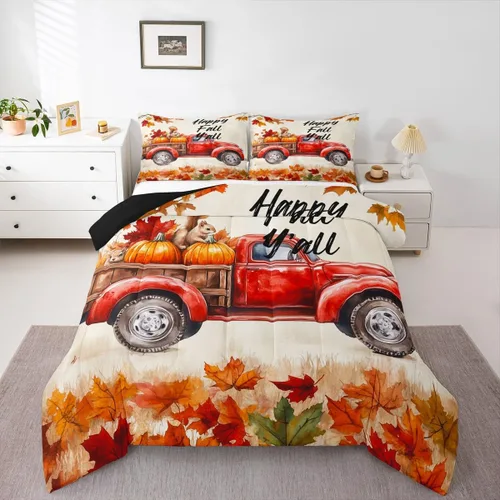 Miniatura 35 de Erosebridal Juego de edredón individual de pavo de Acción de Gracias, juego de ropa de cama de calabaza con hojas de otoño para niños y adultos