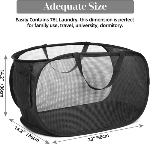 Miniatura 3 de Cestas de lavandería plegables duraderas, cesta de lavandería desplegable de malla con bolsillo lateral, cesta de ropa plegable con asas de 2 x negro