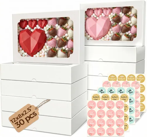 Miniatura 8 de 20 cajas de galletas con ventana de 12 x 8 x 2.5 pulgadas, cajas grandes de panadería, caja de regalo desplegable automática para postres, fresas