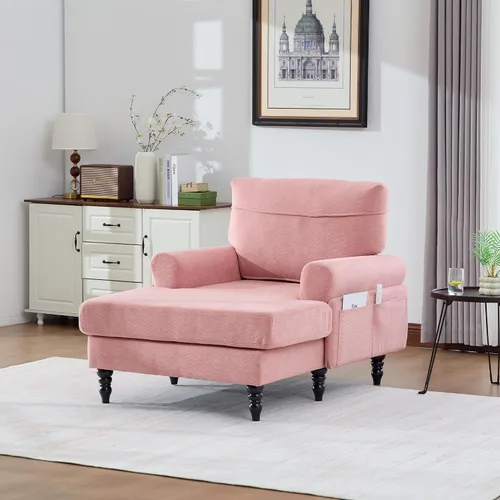 Miniatura 8 de Moderno sofá reclinable individual de tela de chenilla, patas de madera con cómodo respaldo y reposabrazos, bolsillos laterales para sala de estar