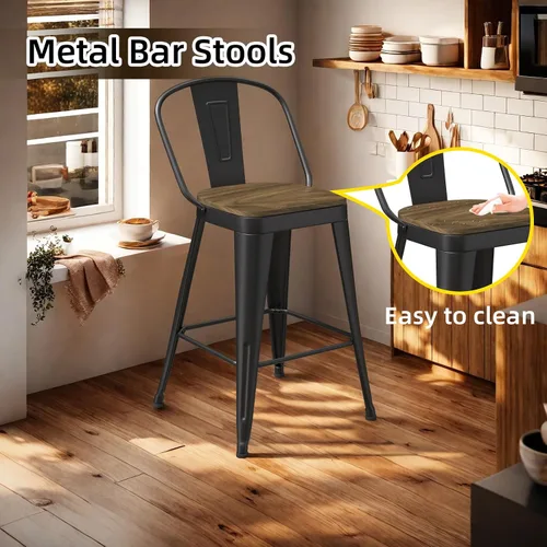 Miniatura 6 de Juego de 4 taburetes de bar de metal, taburetes de bar con respaldo alto con asiento de madera, taburetes de bar negros de 24 pulgadas para isla