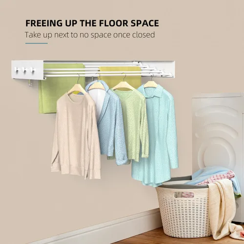 Miniatura 8 de Tendedero de secado para ropa, montaje en pared, plegable, plegable, capacidad de 60 libras, 5 postes de aluminio con 6 ganchos, ahorro de espacio