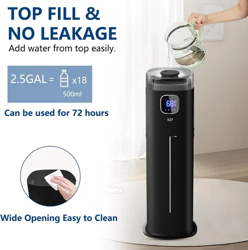 Miniatura 3 de KZF Humidificador grande para dormitorio, humidificador ultrasónico de niebla fría de 9L/2.5 galones con humidistato, boquilla de 360°, nivel