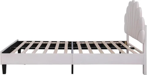 Miniatura 5 de Cama de plataforma tapizada de tamaño matrimonial con cabecera de terciopelo, no necesita somier, color beige