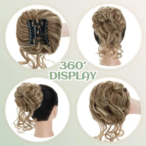 Miniatura 4 de S-noilite Extensiones de cabello rubio ondulado con clip de garra, extensiones de moño con clip de garra, extensiones de moño para mujer